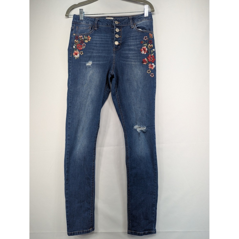 So Juniors Skinny Jeans Embroidered Floral Distressed Blue Button Fly Size‎ 16